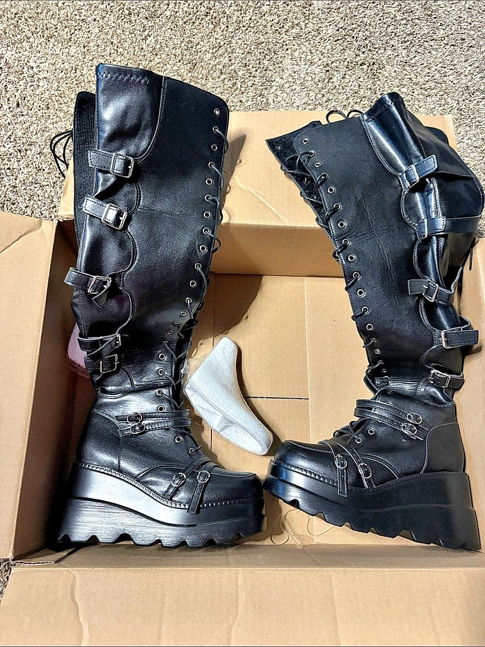 Dolls Kill Killer over the Knee Black Lace and Buckle Platform Combat Boots.nwt